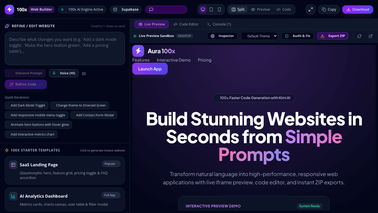 100x website screenshot