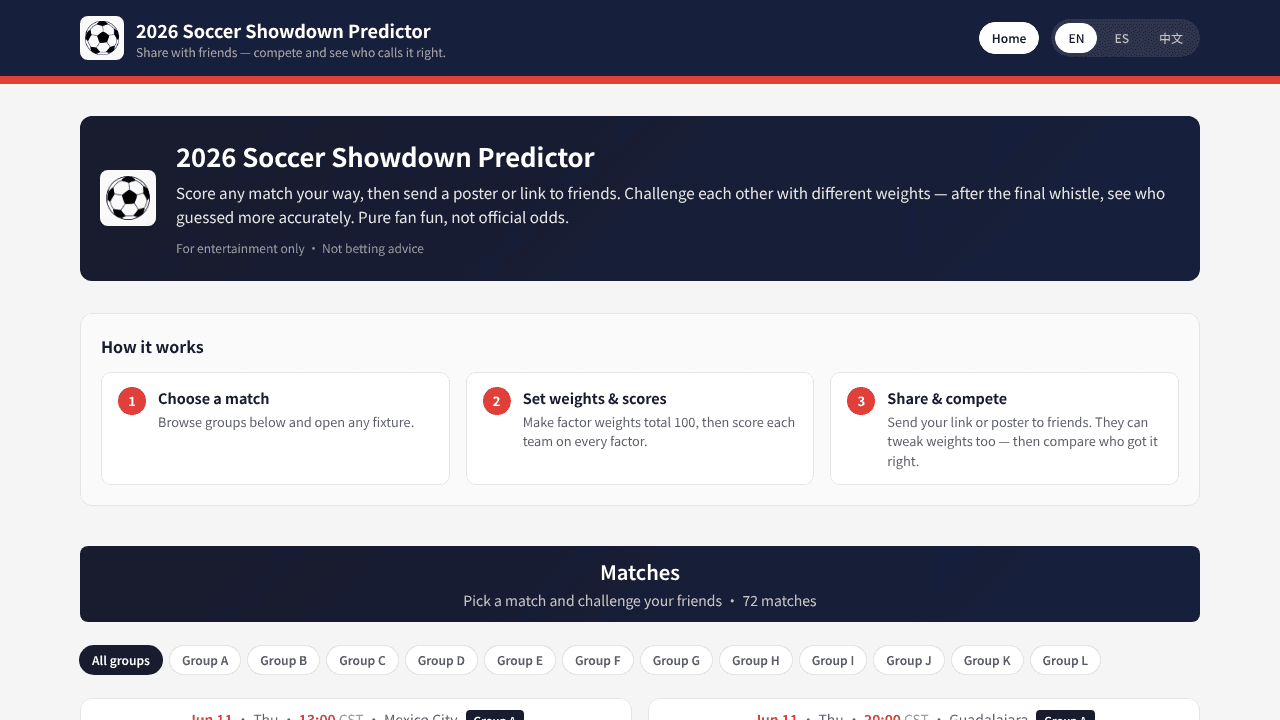 2026 Soccer Showdown Predictor website screenshot
