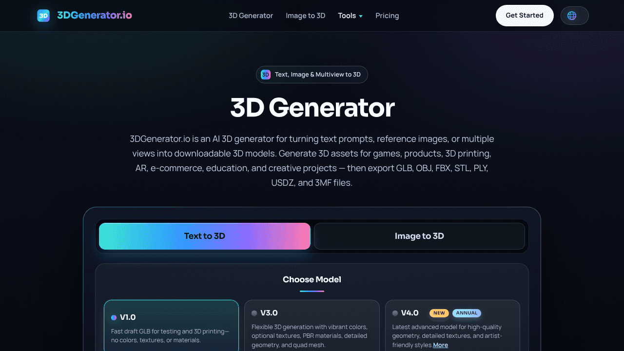3D Generator — Prompt to 3D in Seconds website screenshot