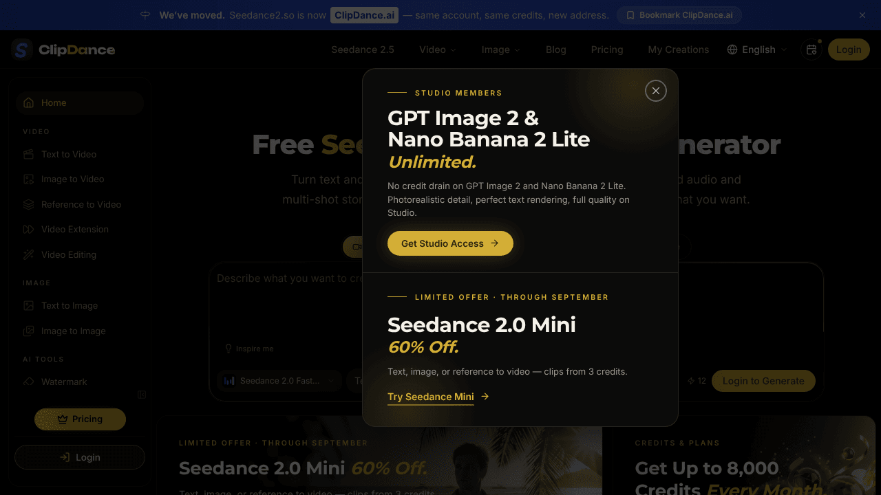 Seedance 2.0 On ClipDance website screenshot