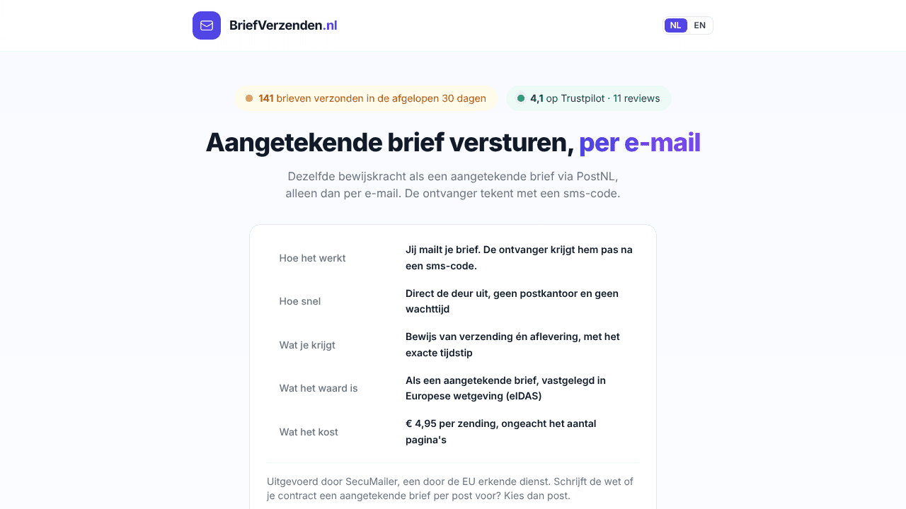 Aangetekende brief versturen, per e-mail website screenshot