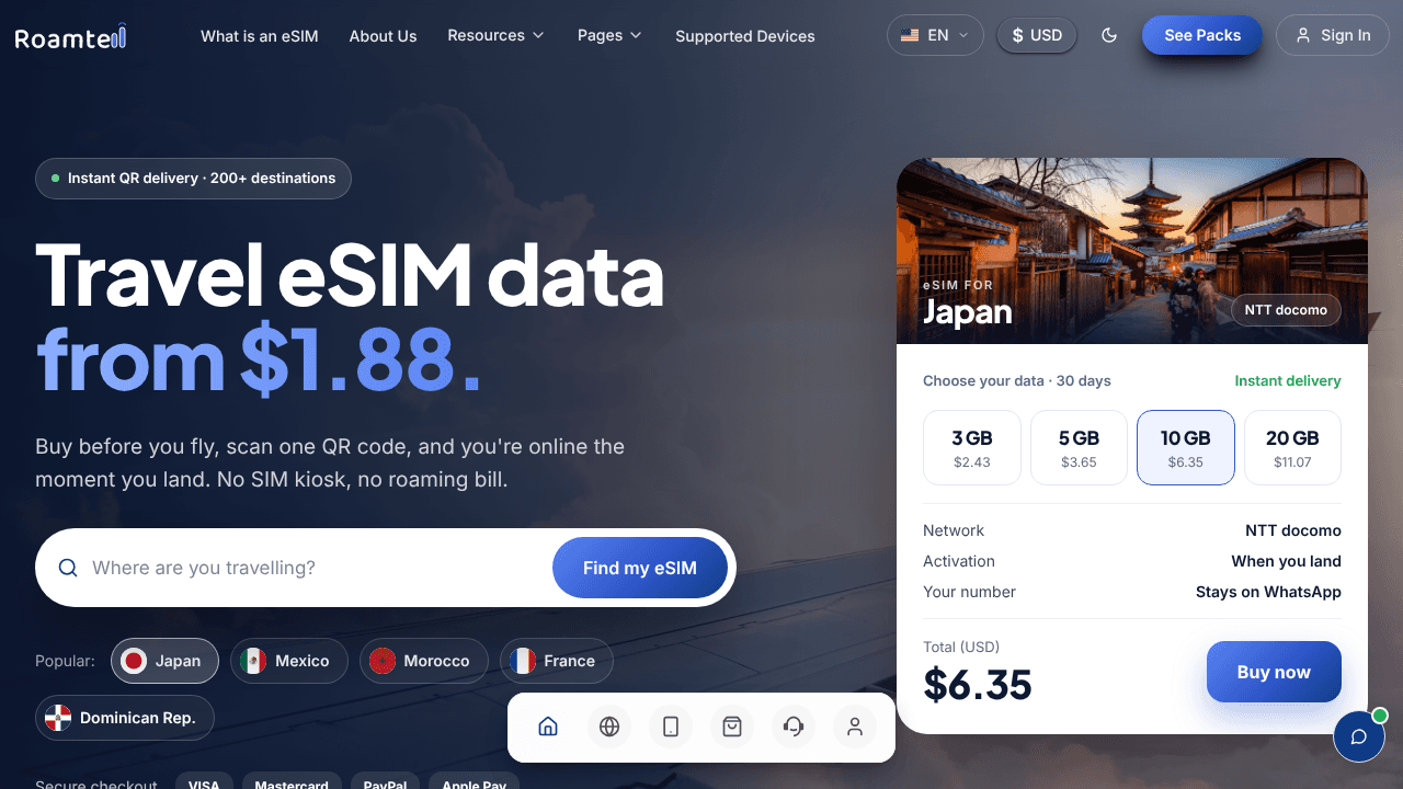 Roamtell eSIM website screenshot