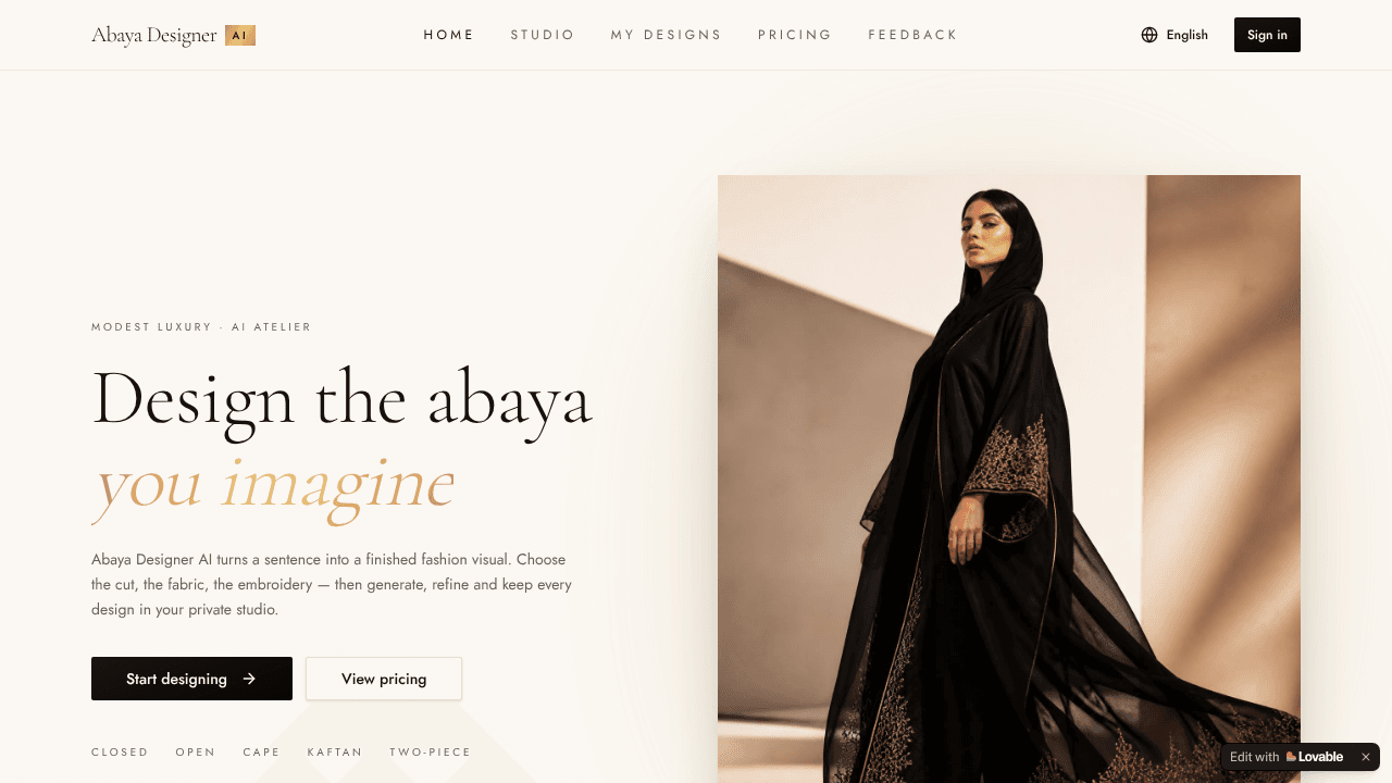 Abaya Designer AI website screenshot