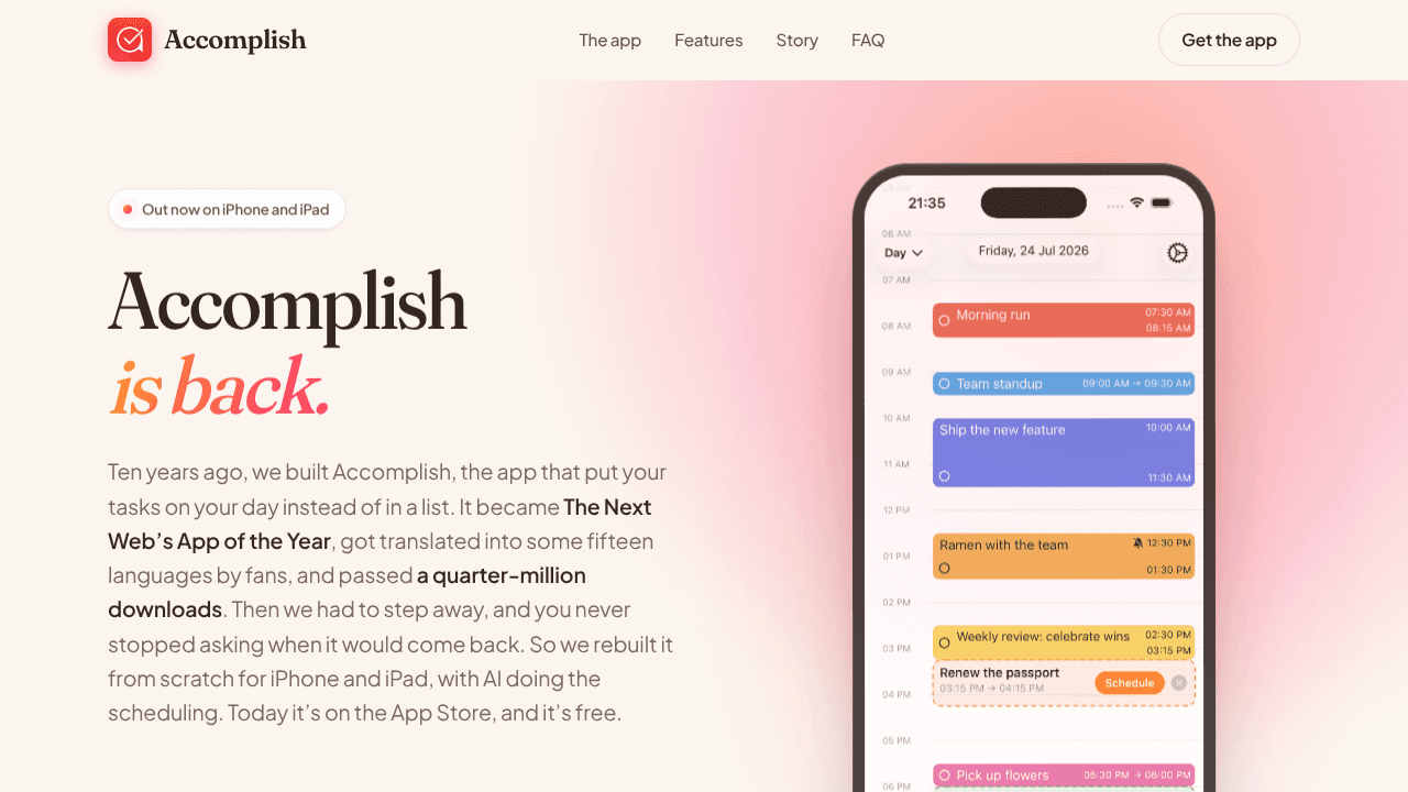 Accomplish: AI Day Planner website screenshot