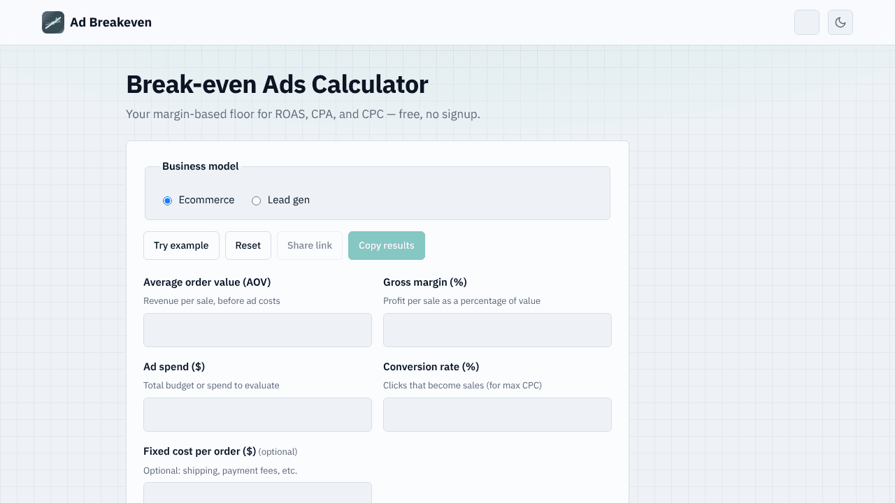 Ad Breakeven website screenshot