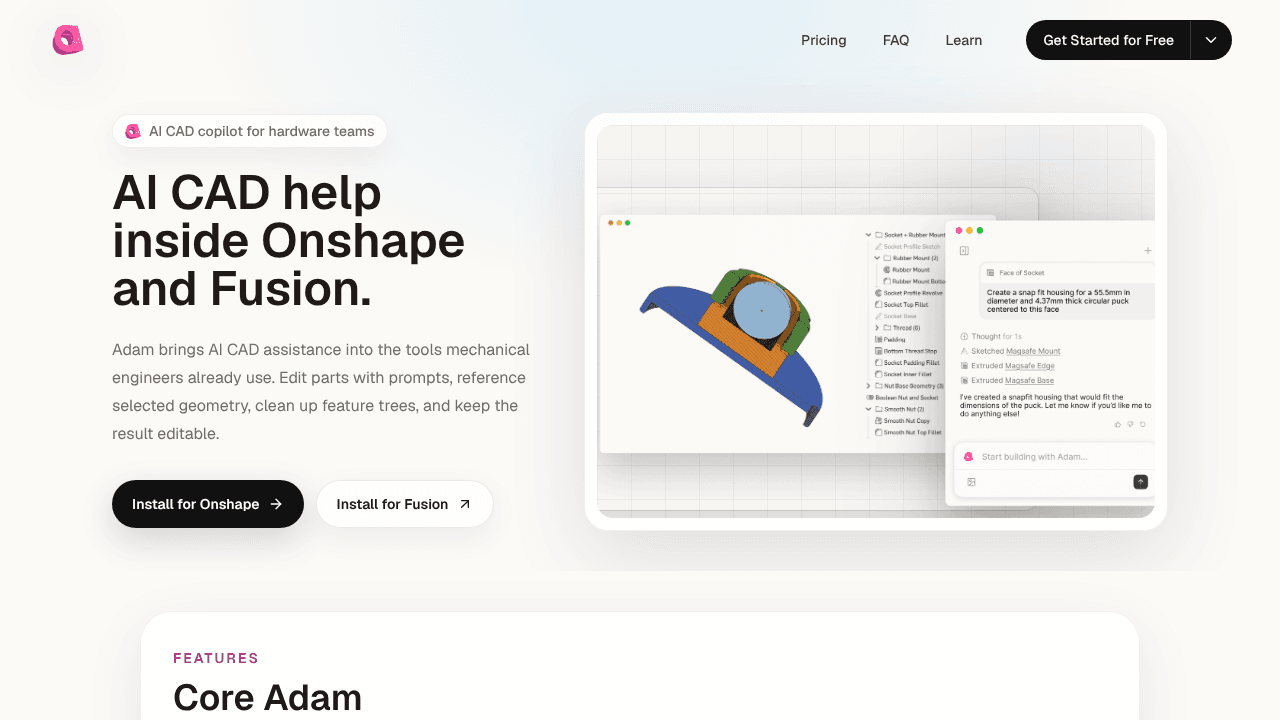 Adam CAD Copilot website screenshot