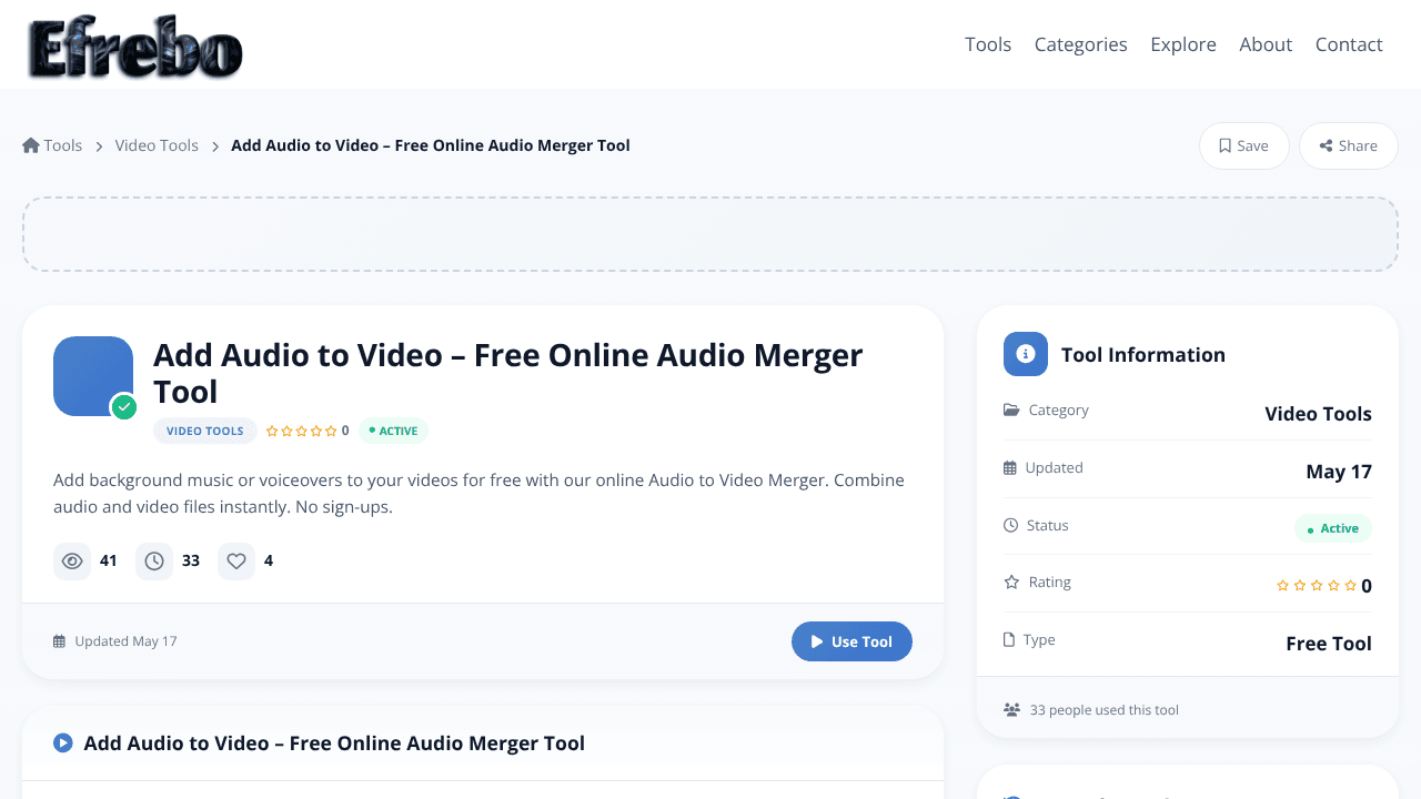 Add Audio to Video – Free Online Tool website screenshot