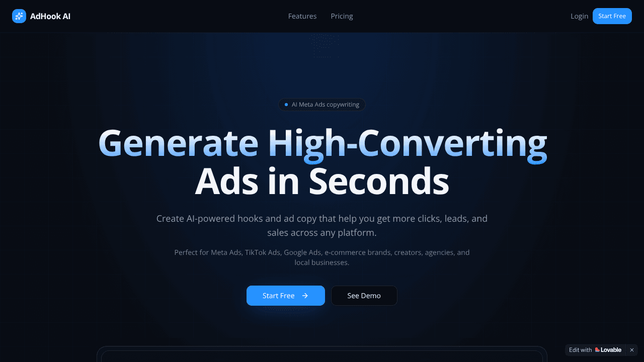 AdHook AI website screenshot