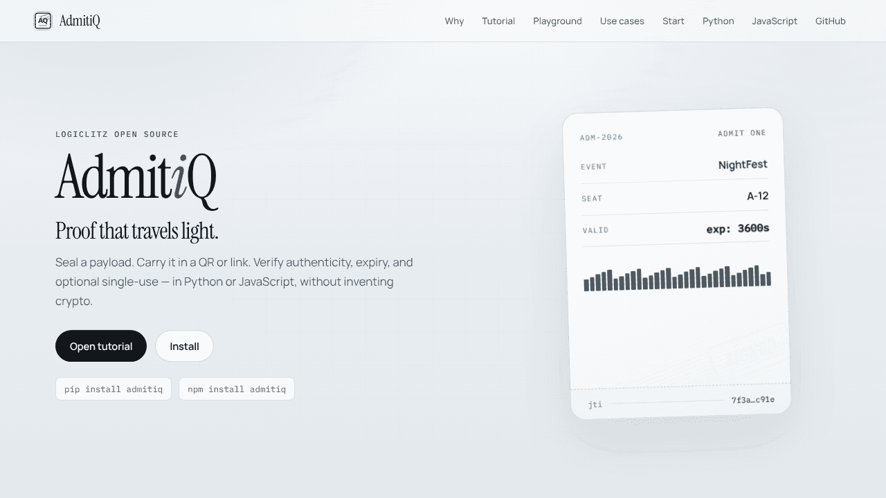 AdmitiQ - signed, expiring tokens website screenshot