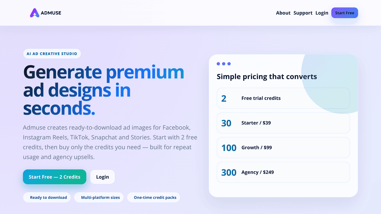 Admuse website screenshot