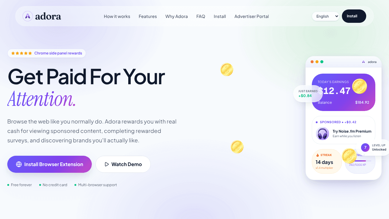 Adora - Rewards & Sponsored Panel website screenshot
