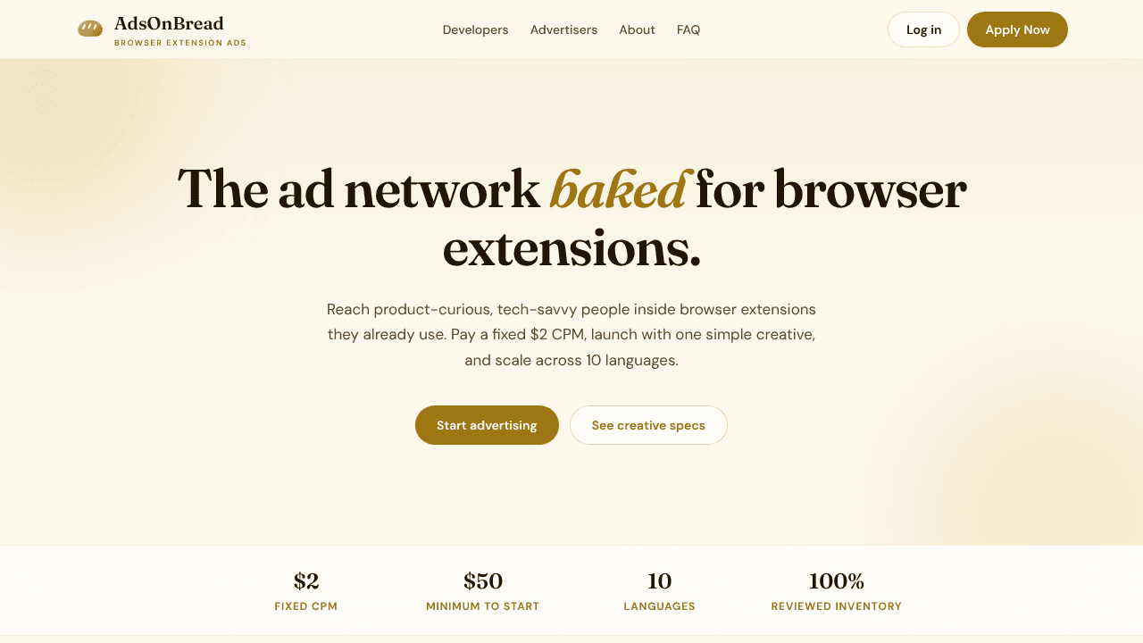 AdsOnBread - Browser Extension Ads website screenshot