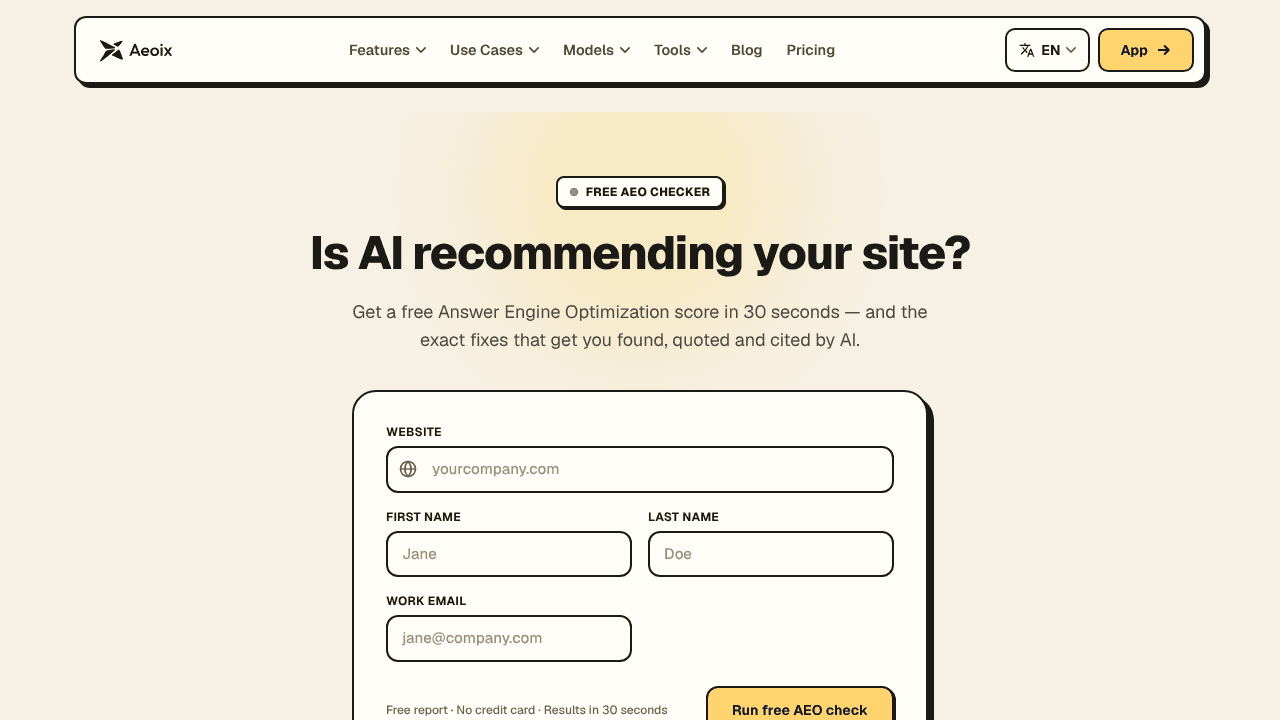 AEO Checker by Aeoix website screenshot