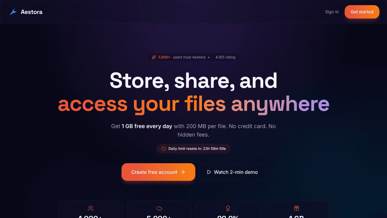 Aestora — Secure Cloud Storage website screenshot