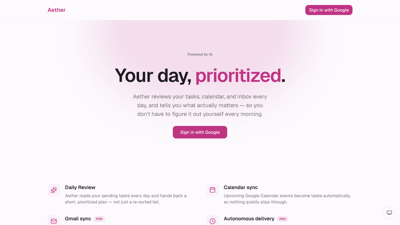 Aether website screenshot
