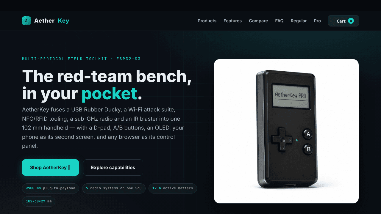 AetherKey - esp32 cores3 Pentesting Unit website screenshot