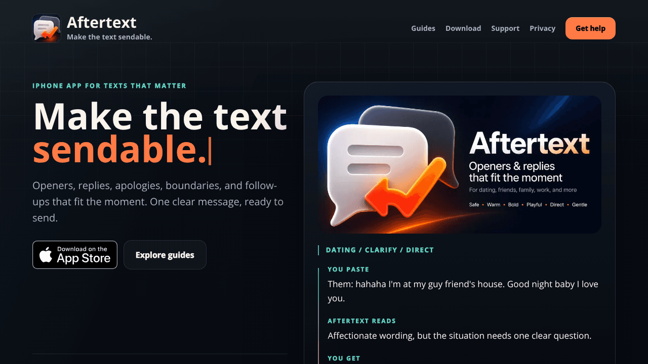 Aftertext: AI Text Replies website screenshot