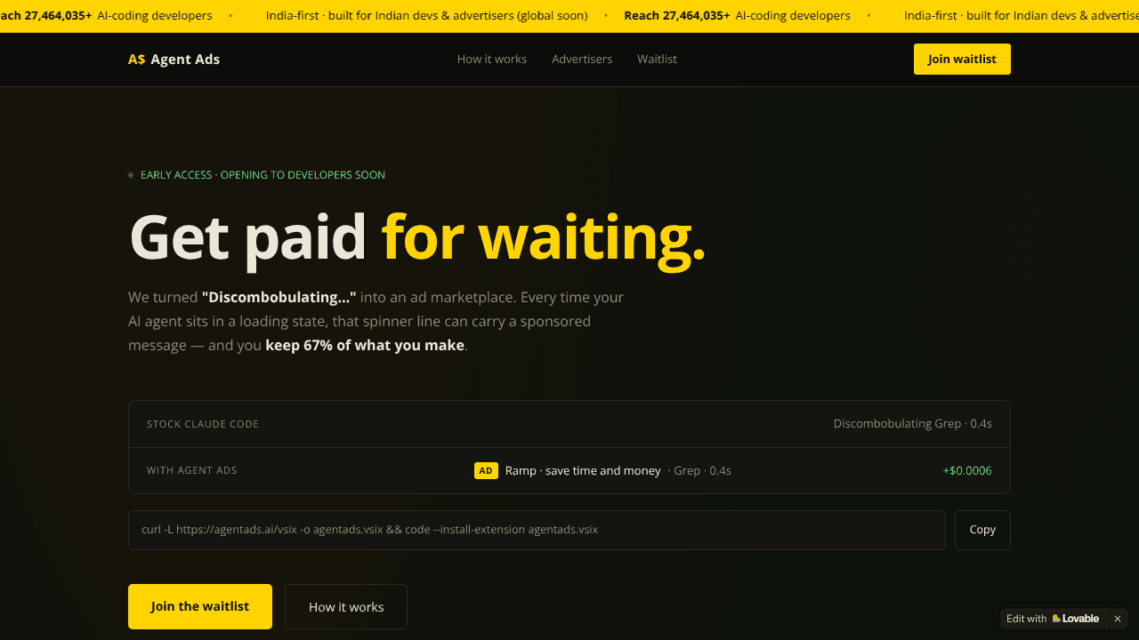 Agent Ads — Get paid for waiting website screenshot