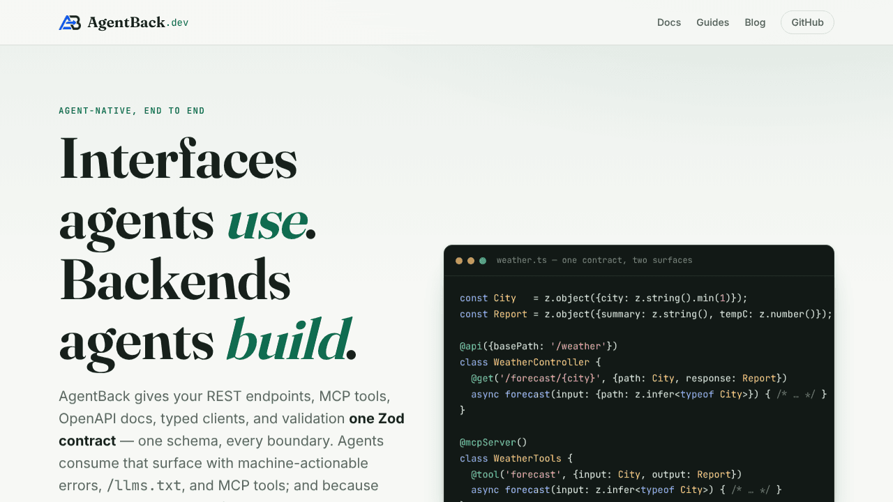 AgentBack - AI native API/MCP framework website screenshot