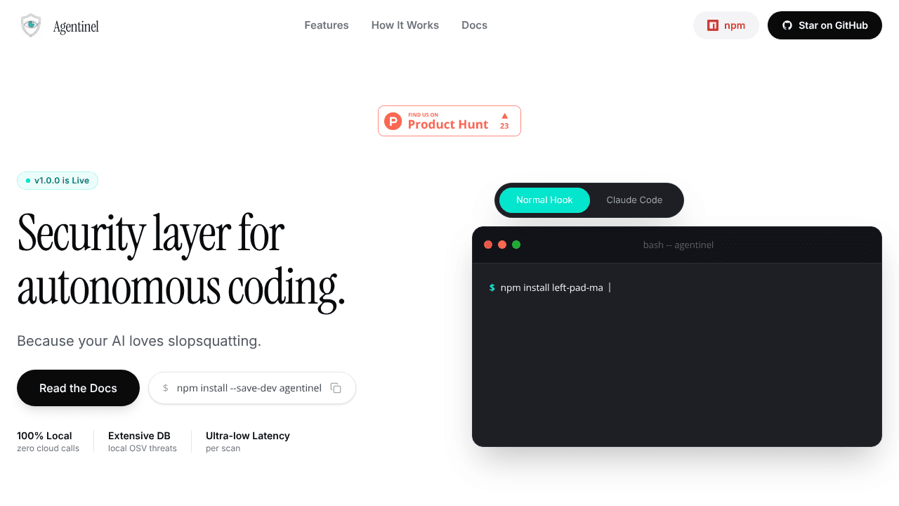 Agentinel website screenshot