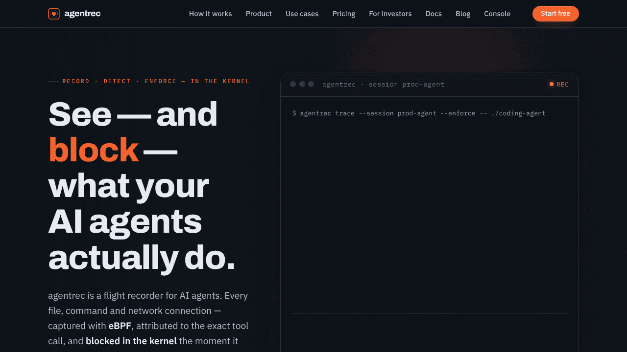 agentrec : Flight recorder for AI agents website screenshot