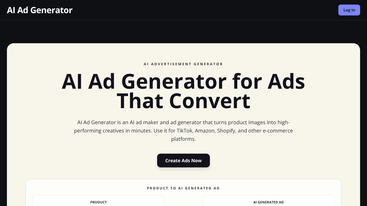 AI Ad generator website screenshot