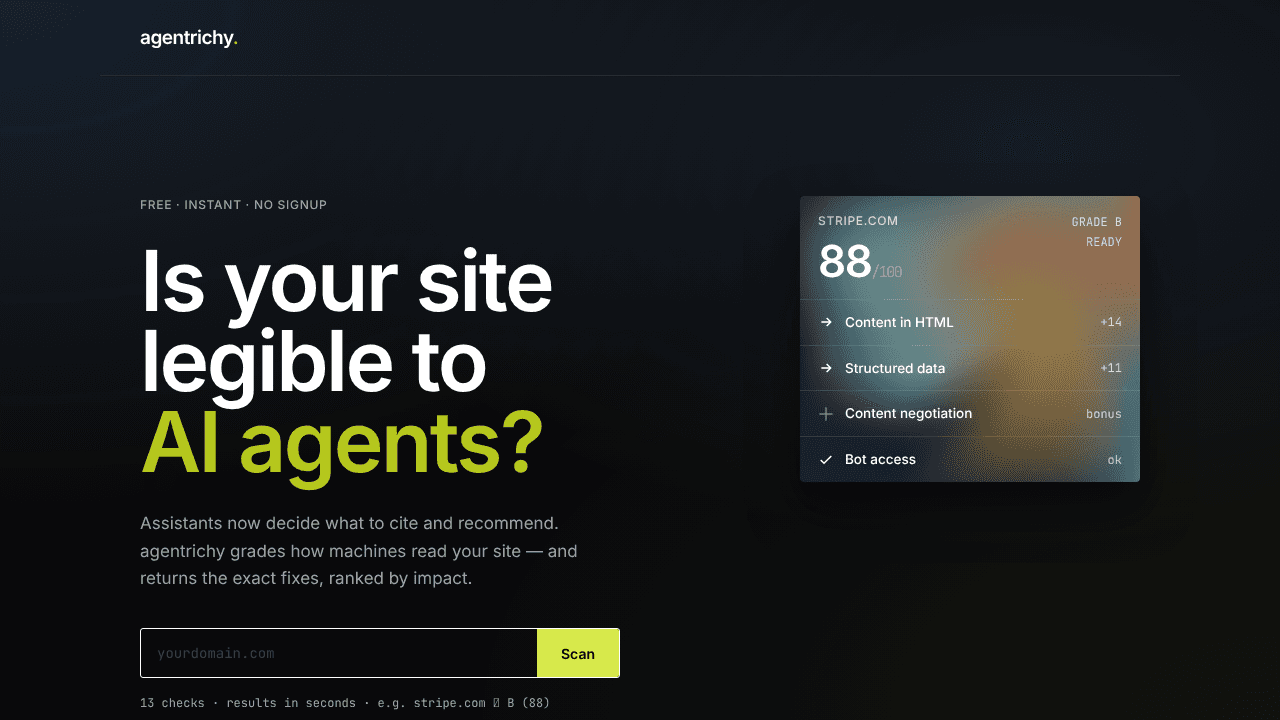 AI Agent ready scan website screenshot