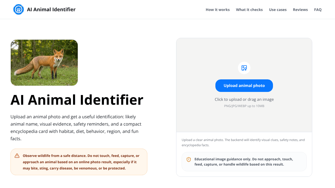 AI Animal Identifier website screenshot