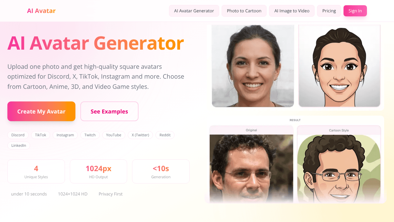 AI Avatar Generator website screenshot