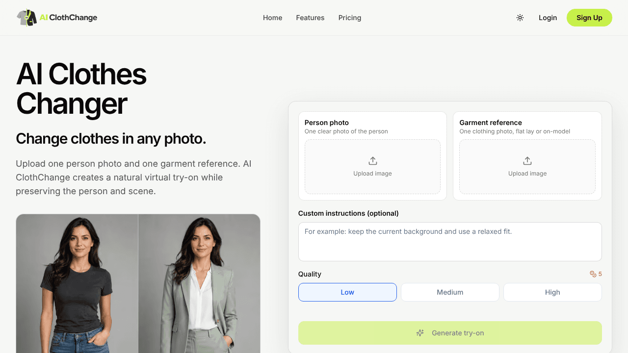 AI ClothChange website screenshot