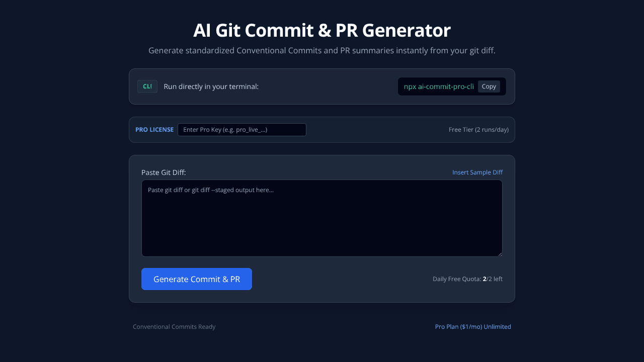 AI Commit Pro website screenshot
