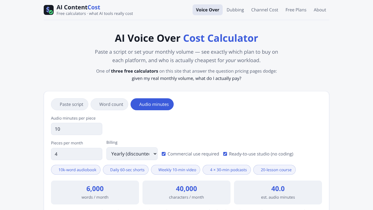 AI Content Cost website screenshot