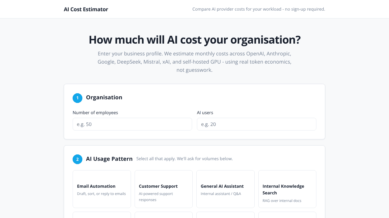 AI Cost Estimator website screenshot