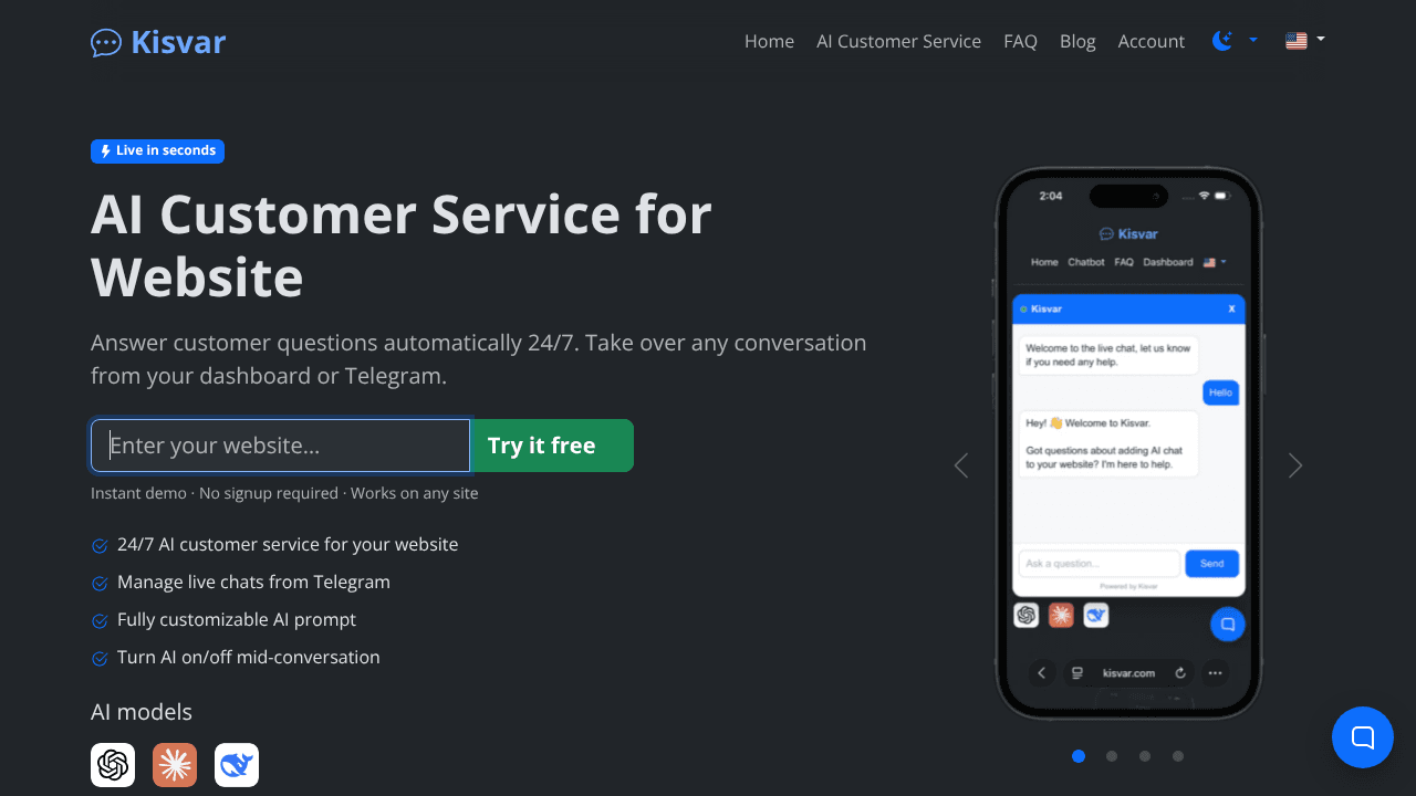 AI customer service website screenshot