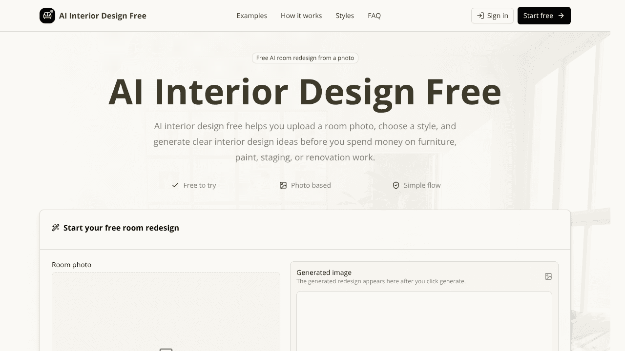 AI Interior Design Free website screenshot