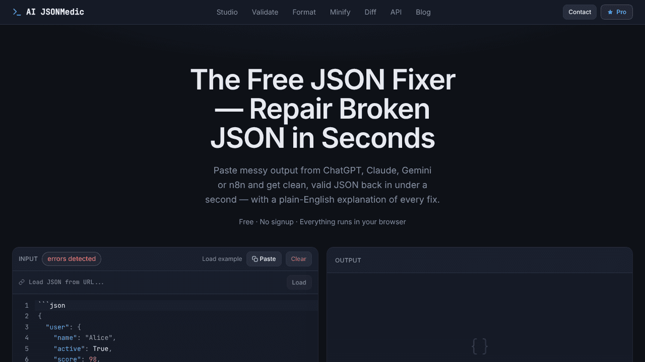 AI JSONMedic website screenshot