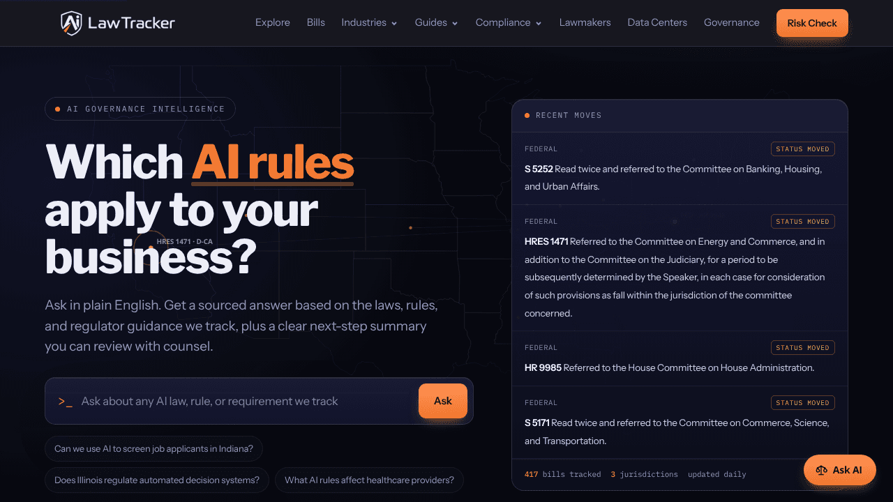 AI Law Tracker website screenshot
