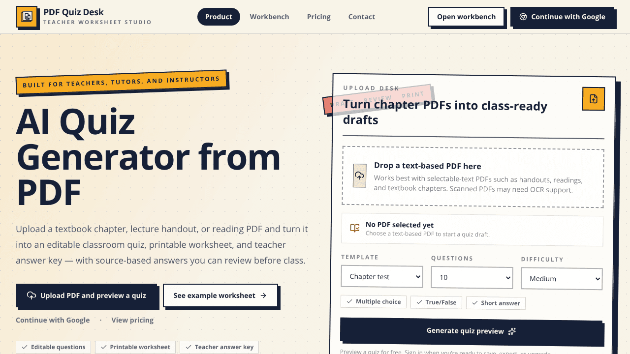 AI Quiz Generator from PDF website screenshot