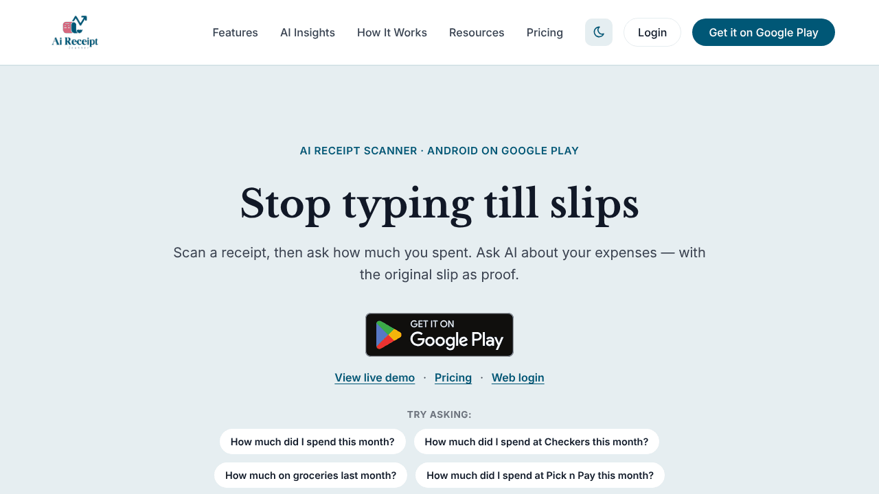 Ai Receipt Scanner website screenshot