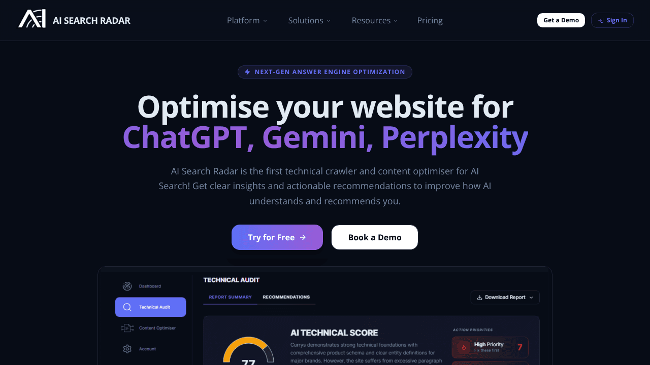 AI Search Radar website screenshot