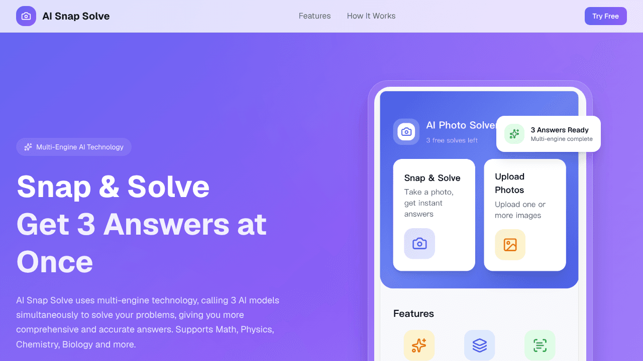 AI SnapSolve - Get 3 Answers at Once website screenshot