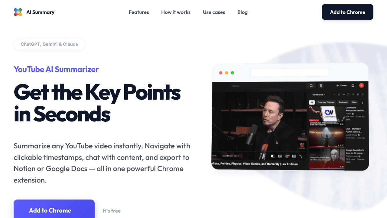 AI Summary: YouTube Summarizer with AI website screenshot