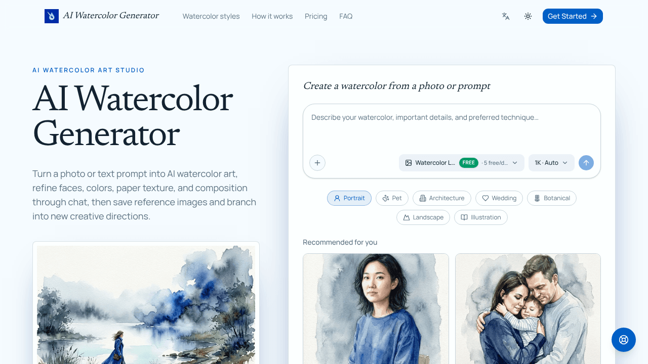 AI Watercolor Generator website screenshot