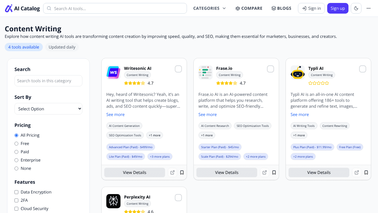 AI Writing Tools website screenshot