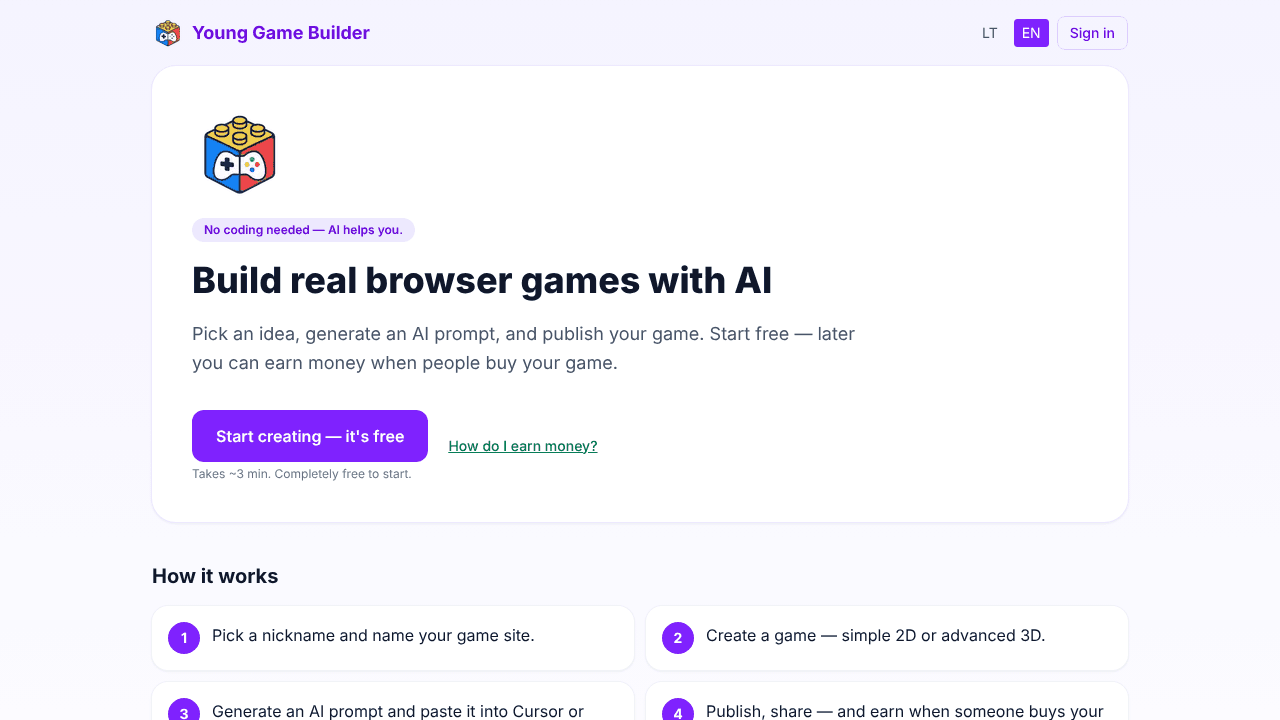 Žaidimų Kūrimas / Young Game Builder website screenshot