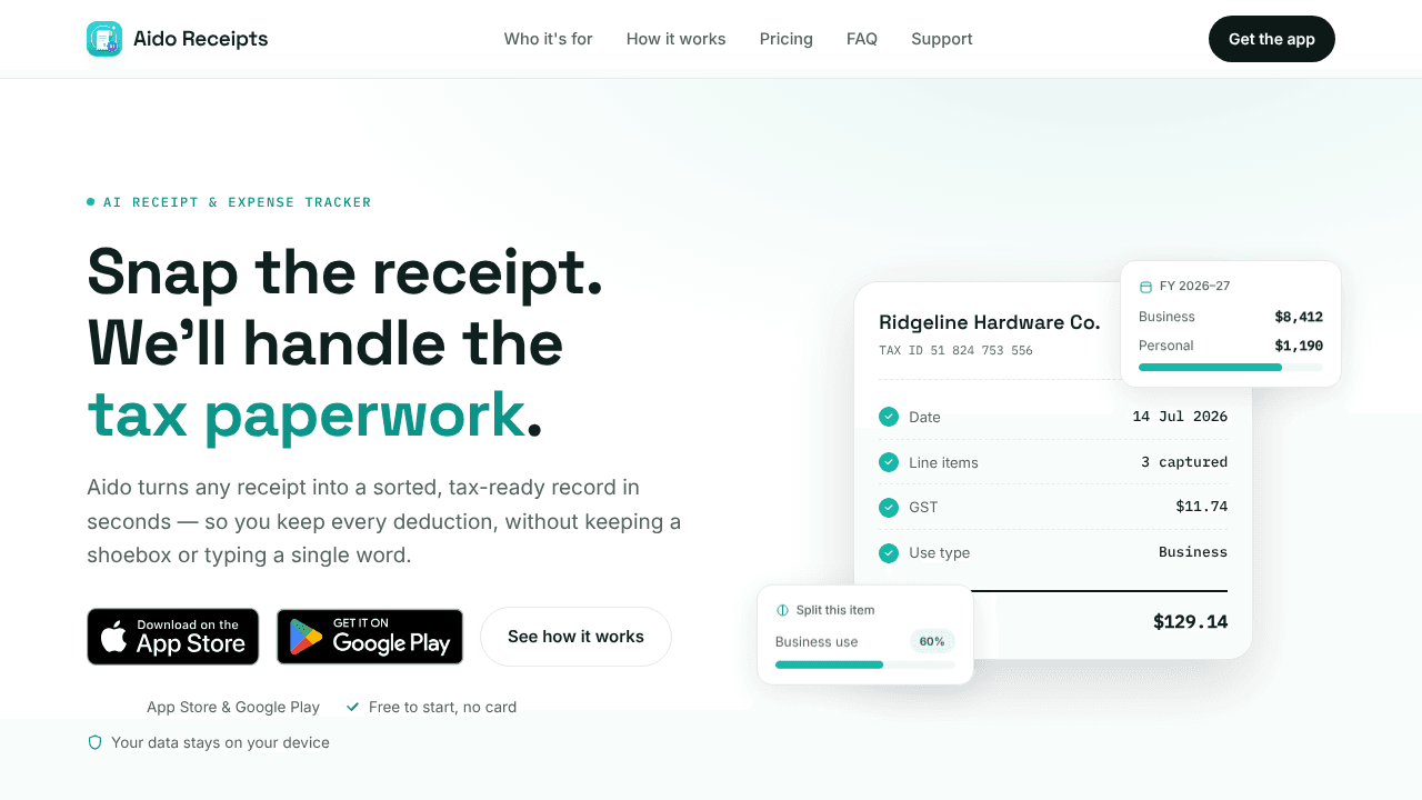 Aido Receipts website screenshot