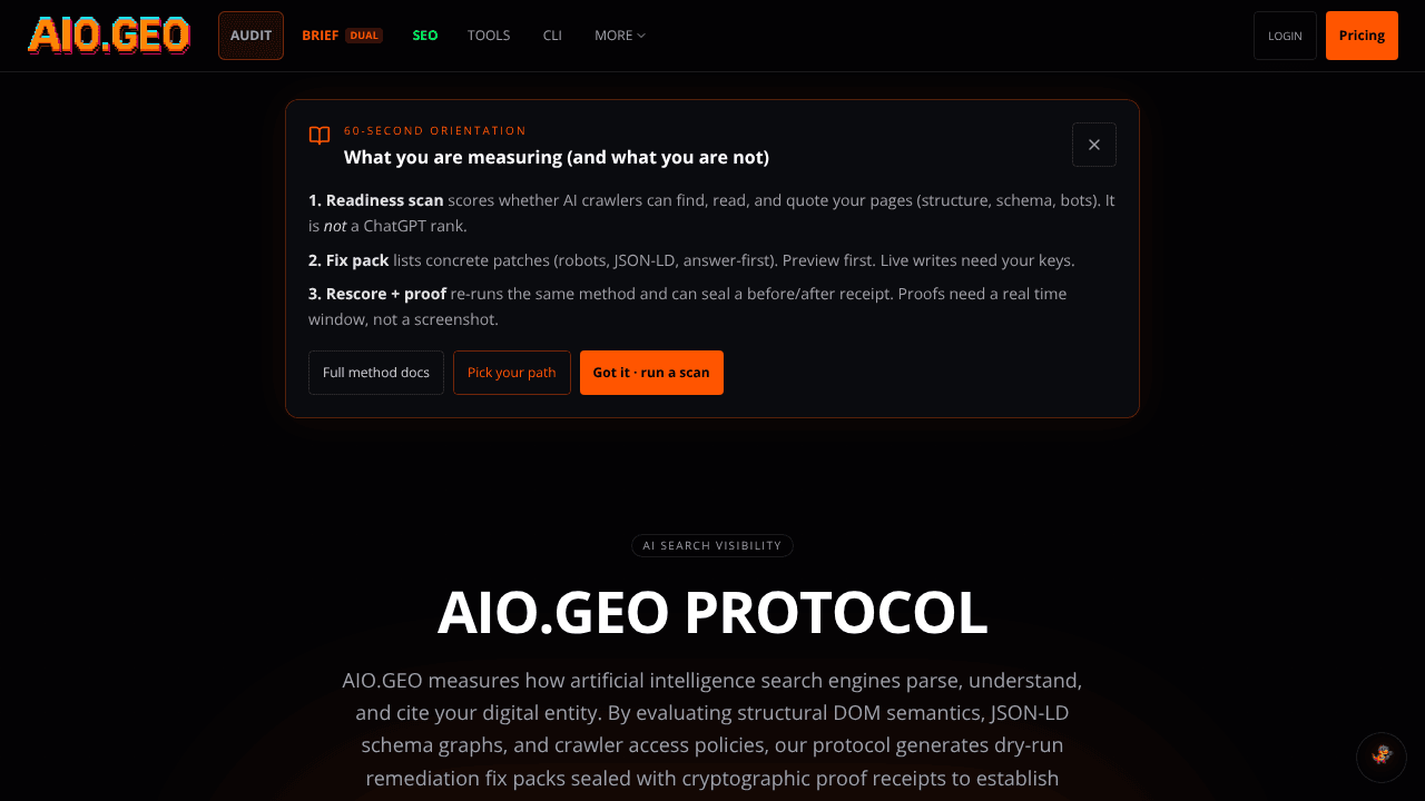 AIO.GEO Protocol website screenshot