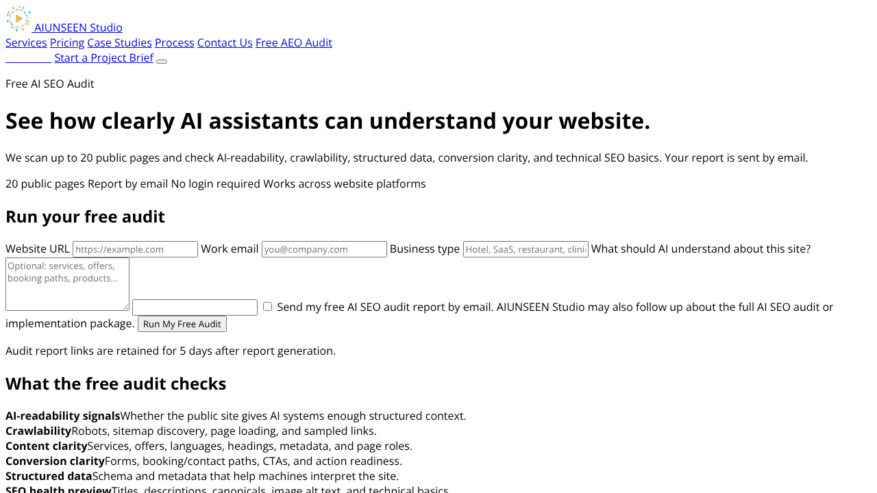 AIUNSEEN Free AEO Audit website screenshot