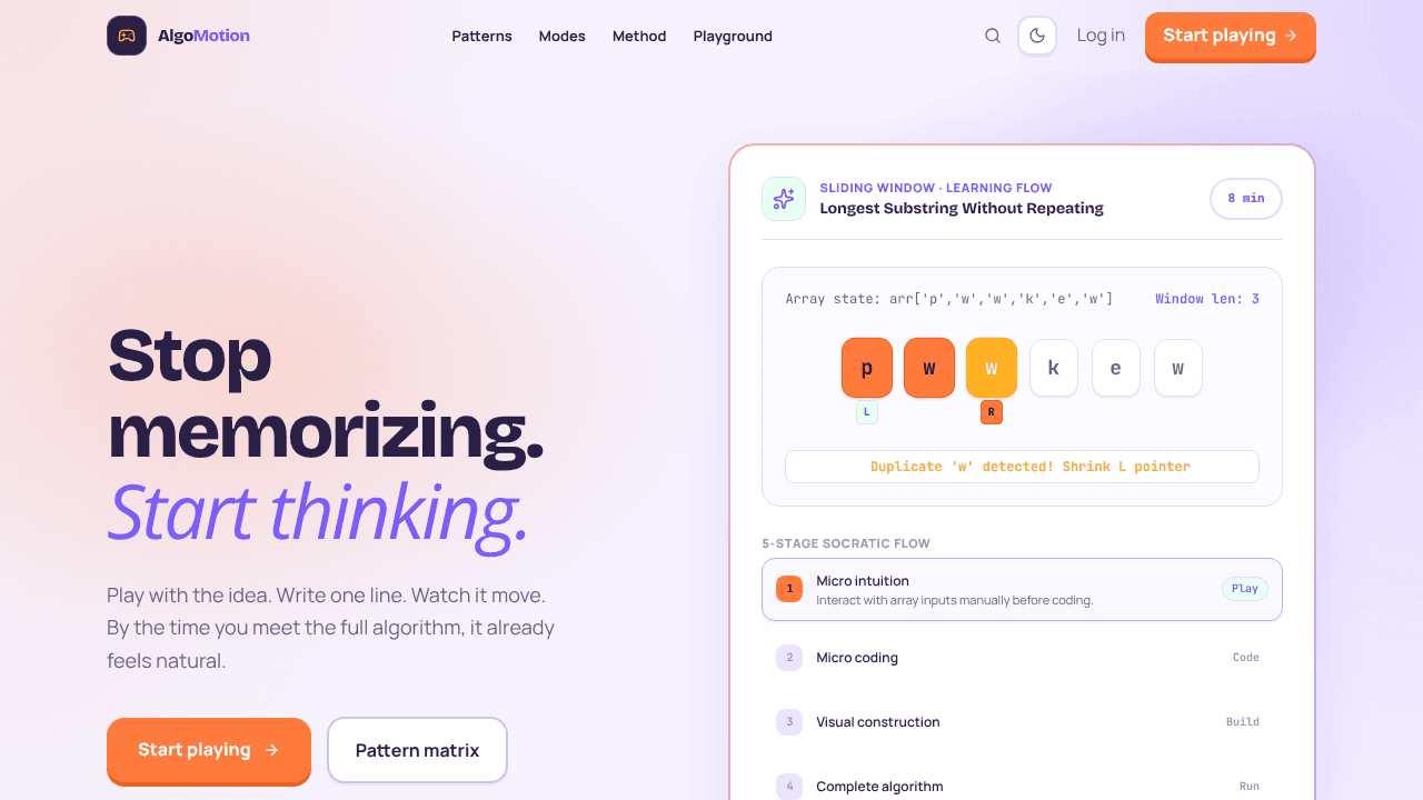 AlgoMotion · Understand DSA by Thinking website screenshot