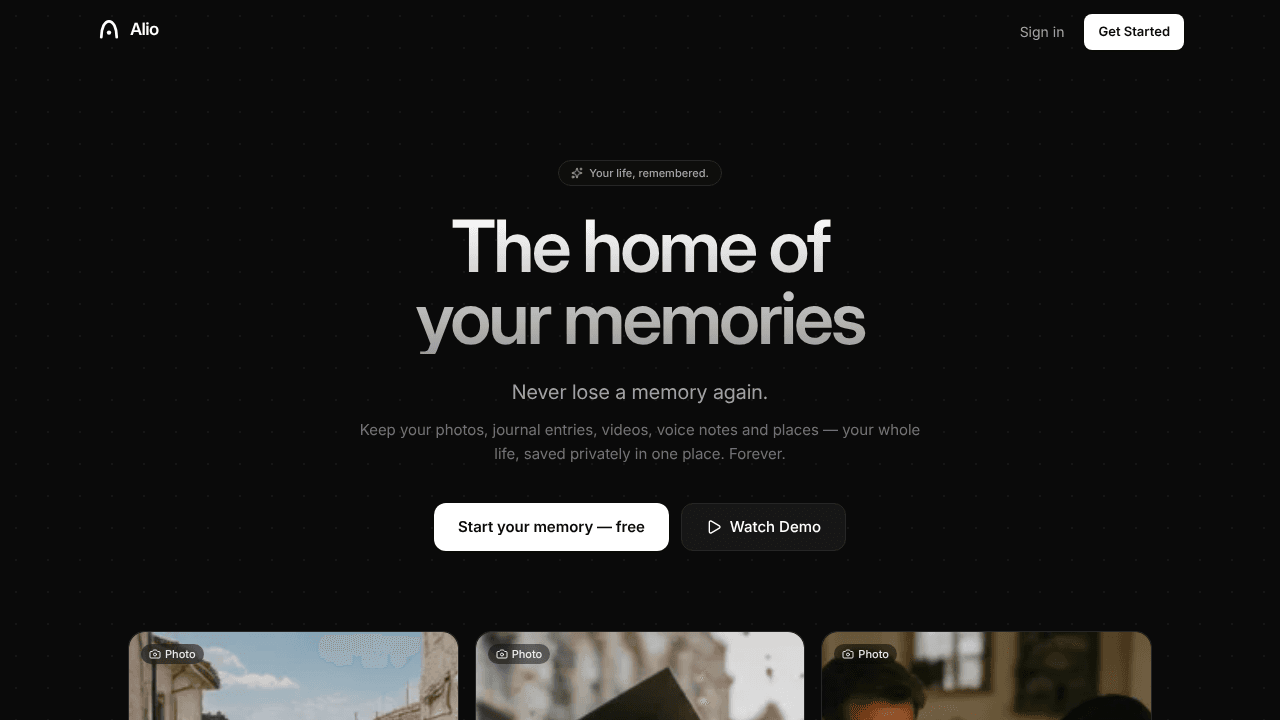 Alio — The home of your memories website screenshot